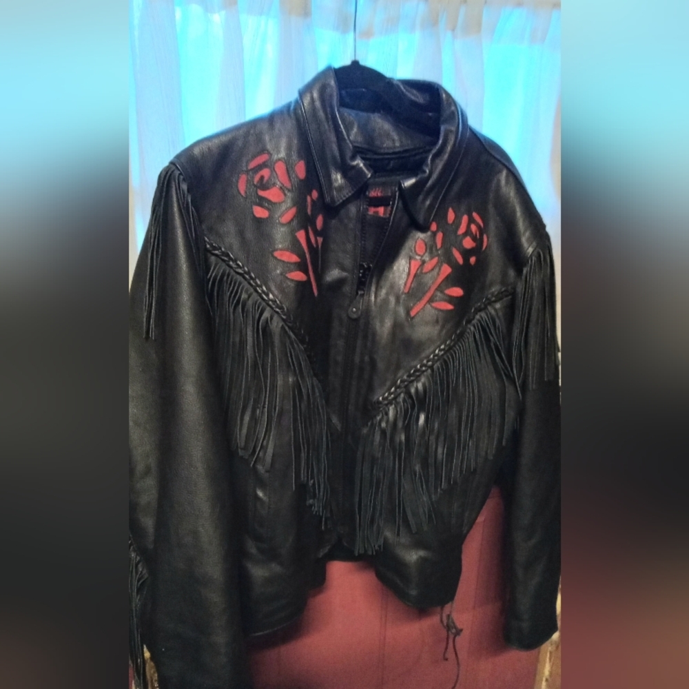 Black Leather Fringe Jacket with Red Floral Accents